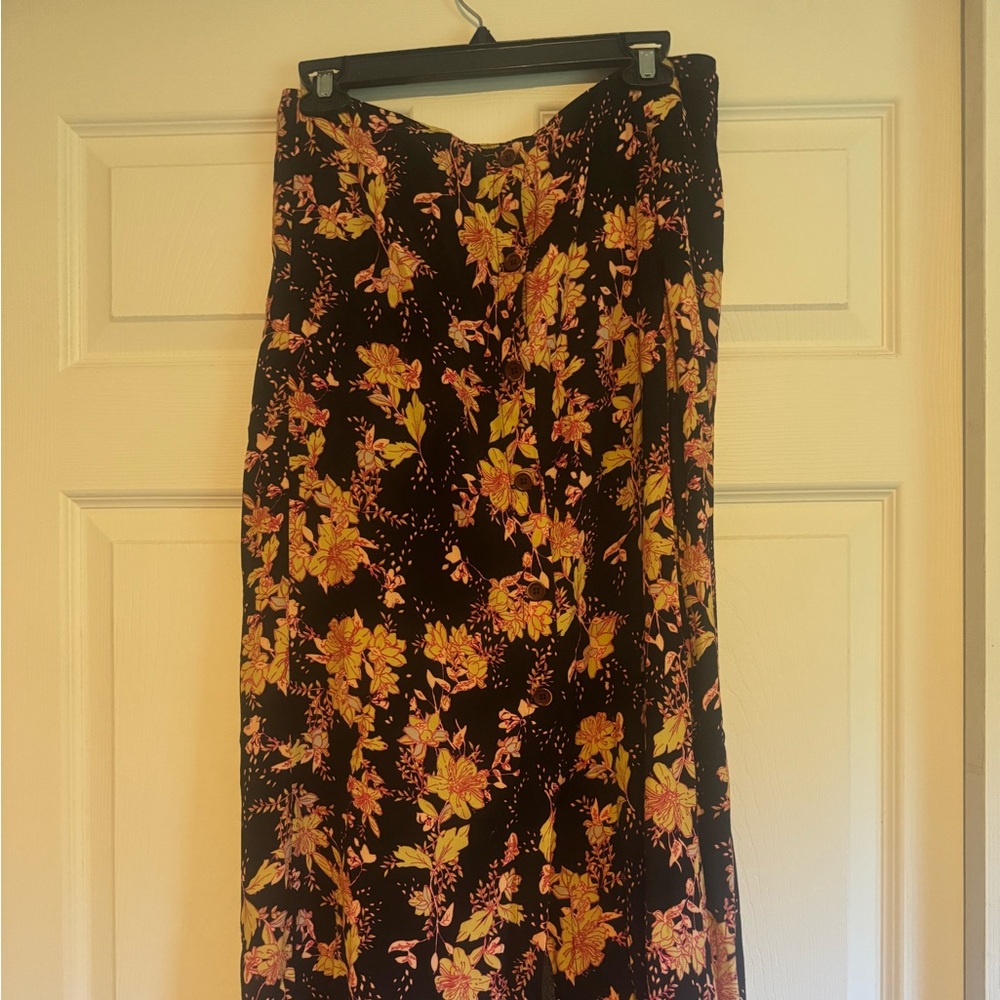 Free People Black and Yellow Floral Midi Skirt